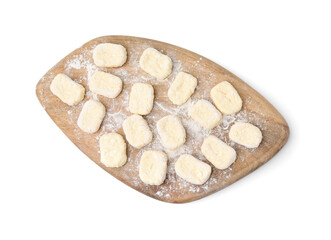 Making lazy dumplings. Wooden board with cut dough and flour isolated on white, top view