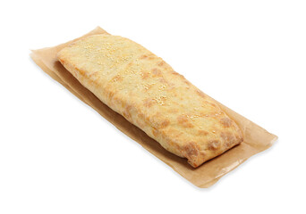 Delicious strudel with tasty filling isolated on white