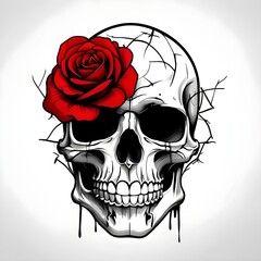 Minimalist Skull with Red Rose Generative AI