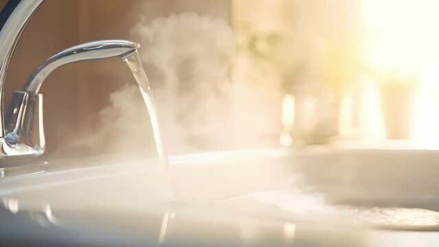 Closeup of steam rising from the hot water as droplets of water cling to the edge of the bathtub