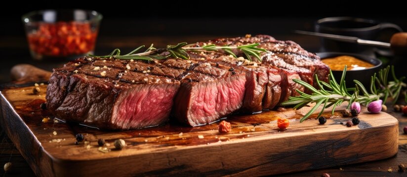 Closeup of wagyu porterhouse steak on burnt wooden board with copy space.
