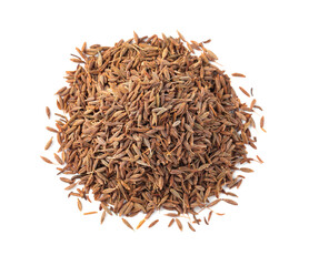 Heap of aromatic caraway (Persian cumin) seeds isolated on white, top view