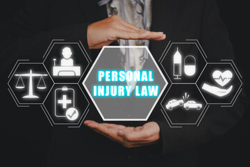 Personal injury law concept, Business woman hand holding personal injury law icon on virtual screen. - obrazy, fototapety, plakaty