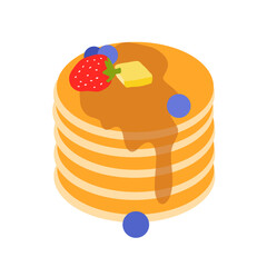 pancakes with berries pancakes with strawberry, blueberry honey, butter and maple syrup illustration vector isolated on white transparent background