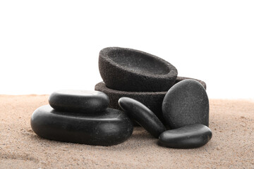 Zen stones on sand isolated on white background, spa and meditation concept