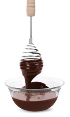 Chocolate cream flowing from whisk into bowl on white background