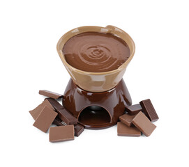 Fondue pot with melted chocolate and pieces of chocolate bar isolated on white