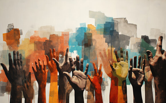 Illustration of protesters raising hands in their fight for equality, human rights, freedom, environmental awareness and peace.