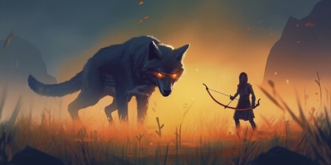 hunter with a bow versus giant beast wolf - obrazy, fototapety, plakaty