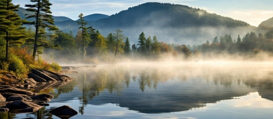 Adirondack Mountains in New York, Eagle Lake, misty morning.