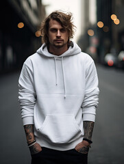 Handsome, muscular male fashion model with tattoos in a white pullover.