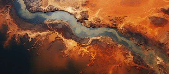 Contaminated rivers and orange soil pollution from industrial activity, as seen from above. - obrazy, fototapety, plakaty