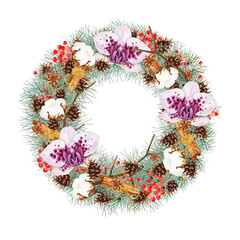 Christmas wreath with flowers isolated on white background. Clipart. Watercolor hand drawn art illustration. For cards, handmade textiles, prints, menus, poster
