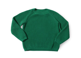 Stylish green knitted sweater isolated on white, top view