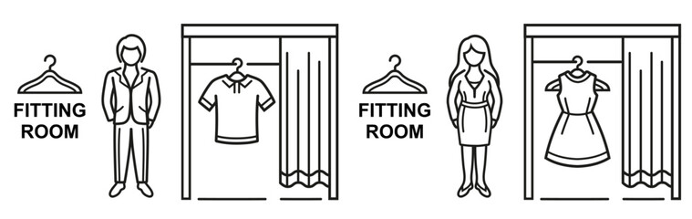 Fitting changing room, man, woman public dressing cabin in fashion store line icon. Male and female person try clothing in shop. Buy t-shirt, dress in shopping mall. Wardrobe clothes hanger. Vector 