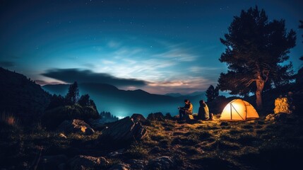 Romantic Night Under the Stars: A Beautiful Photo of a Couple Camping in the Albanian Wilderness, Surrounded by a Clear Night Sky, Twinkling Stars, and a Stunning Night Landscape.

