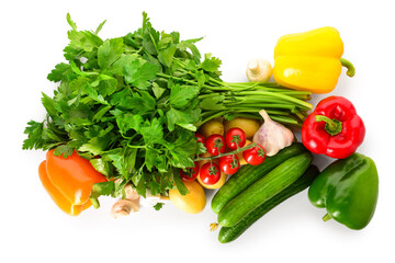 Fresh vegetables with parsley and mushrooms on white background