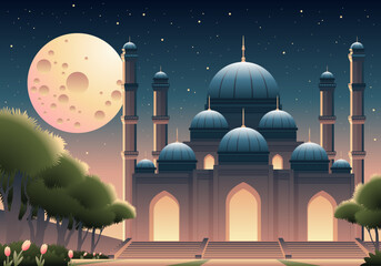 Beautiful Mosque With Big Moon Landscape Illustration