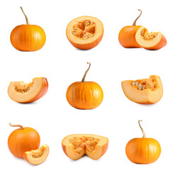 Whole and cut fresh ripe pumpkins isolated on white, set
