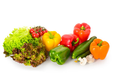 Fresh vegetables with lettuce and mushrooms on white background