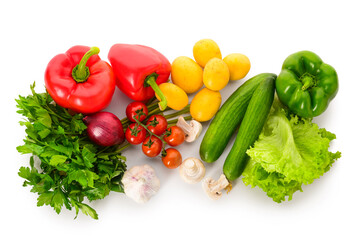 Fresh vegetables with lettuce, parsley and mushrooms on white background