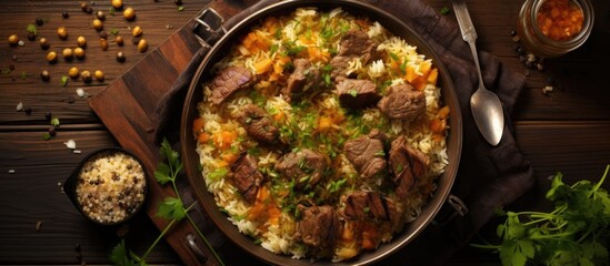 Plov, a national Middle Asian dish, shown in a top-down view with sliced meat, garlic, and presented in a high-quality flat lay, representing its international appeal.