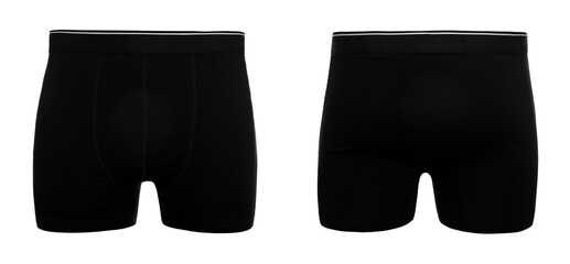 Comfortable black menʼs underwear isolated on white, back and front views