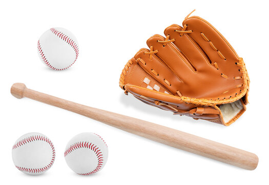 Wooden baseball bat, balls and pitcher isolated on white