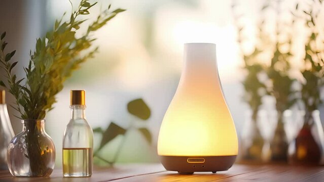 Closeup of a sleek and modern aromatherapy diffuser spreading the soothing aroma of eucalyptus essential oil.