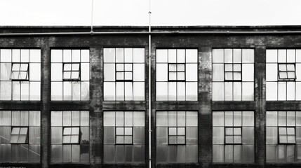 Abandoned factory windows, black and white color, background