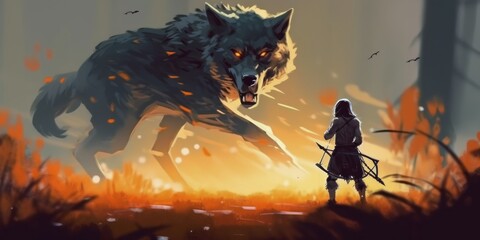 hunter with a bow versus giant beast wolf - obrazy, fototapety, plakaty