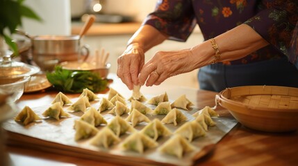 An asian chinese senior woman preparing zongzi chinese dumpling in her kitchen putting ingredient and wrapping it preparing for duanwu festival
 - Powered by Adobe