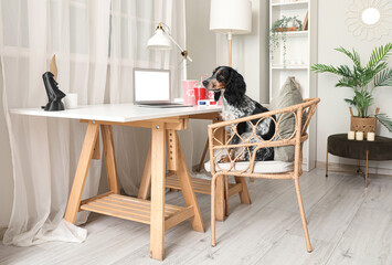 Cute cocker spaniel dog with buckets of popcorn, laptop and 3D cinema glasses sitting on chair at...