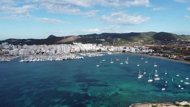 forward drone aerial towards san antoni Ibiza