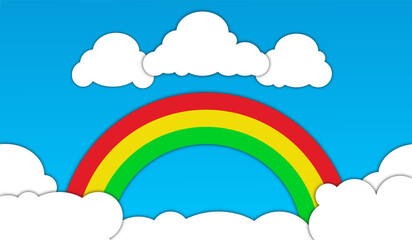 rainbow and clouds in the sky background in cartoon style. blue sky with clouds and rainbow for wallpaper, banner, poster and greeting cards. 