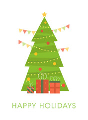 Christmas tree with gifts minimalist greeting card design. Winter holidays season celebration flat vector illustration.