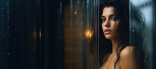 Fototapeta premium Mysterious Elegance: Sensual Charisma of a Beautiful Woman Gazing Behind a Rainy Window, Infusing Allure into the Décolletage in the Enigmatic Atmosphere.