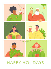 Christmas and New Year's themed card design with people characters. Winter holidays season celebration flat vector illustration.