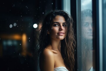 Fototapeta na wymiar Mysterious Elegance: Sensual Charisma of a Beautiful Woman Gazing Behind a Rainy Window, Infusing Allure into the Décolletage in the Enigmatic Atmosphere.