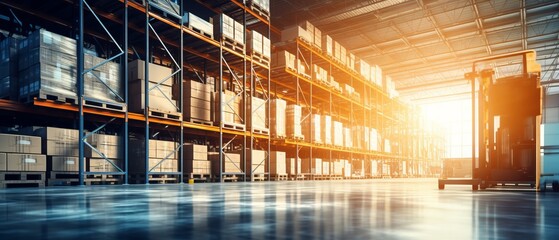 Retail warehouse full of shelves with goods in cartons, with pallets and forklifts. Logistics and transportation blurred background. Product distribution center