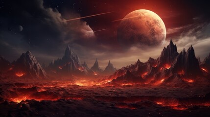 A mountain range of red mountains on a magical planet