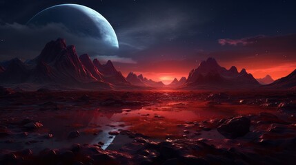 A mountain range of red mountains on a magical planet - obrazy, fototapety, plakaty