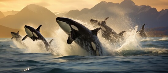 Hunting of sea lions by killer whales in Patagonia, Argentina. - obrazy, fototapety, plakaty