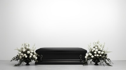 Funeral Ceremony with coffin, black and white color, flowers