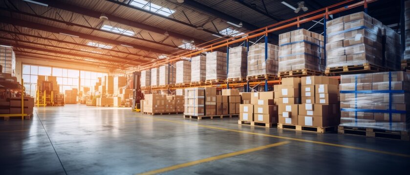 Retail warehouse full of shelves with goods in cartons, with pallets and forklifts. Logistics and transportation blurred background. Product distribution center