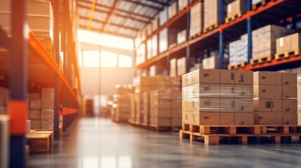 Retail warehouse full of shelves with goods in cartons, with pallets and forklifts. Logistics and transportation blurred background. Product distribution center