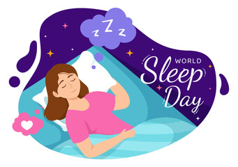 World Sleep Day Vector Illustration on March 15 with People Sleeping, Clouds, Planet Earth and the Moon in Sky Backgrounds Flat Cartoon Design
