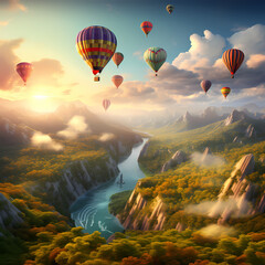 A cluster of hot air balloons drifting over a valley.
