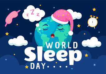 World Sleep Day Vector Illustration on March 15 with People Sleeping, Clouds, Planet Earth and the Moon in Sky Backgrounds Flat Cartoon Design