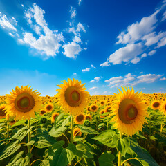 A field of sunflowers under a clear blue sky
